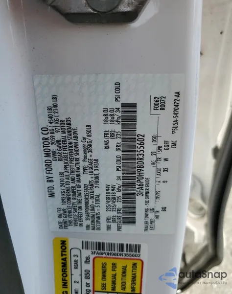 2013 Ford Fusion Se from USA, damaged, VIN 3FA6P0H98DR355602